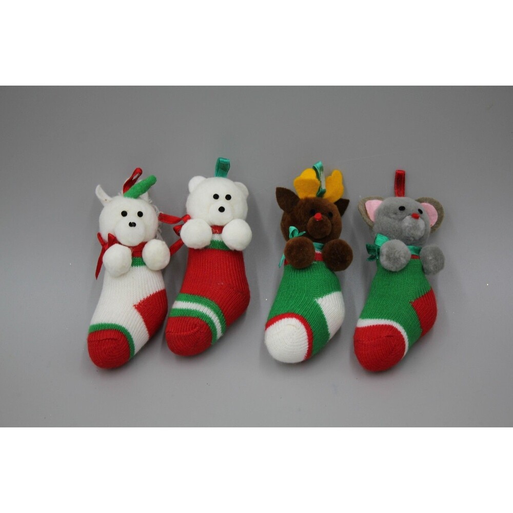 Vintage Stockings MCM Christmas Decor Lot Of 4 Unicorn Bear Sock Reindeer Mouse
